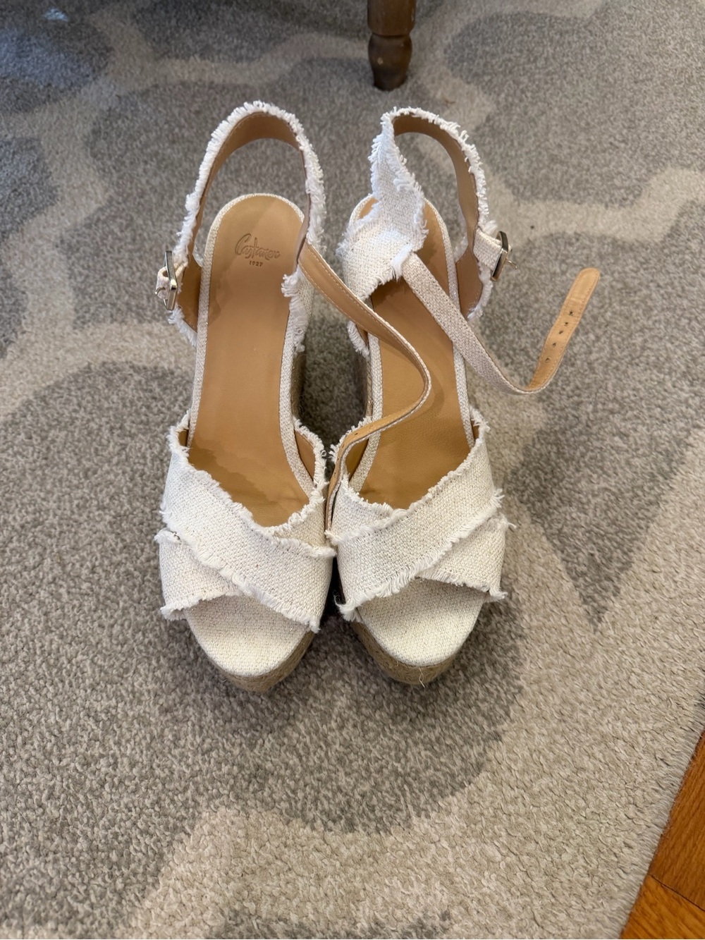 Castaner White Frayed Chambray Espadrille Wedge Sandals